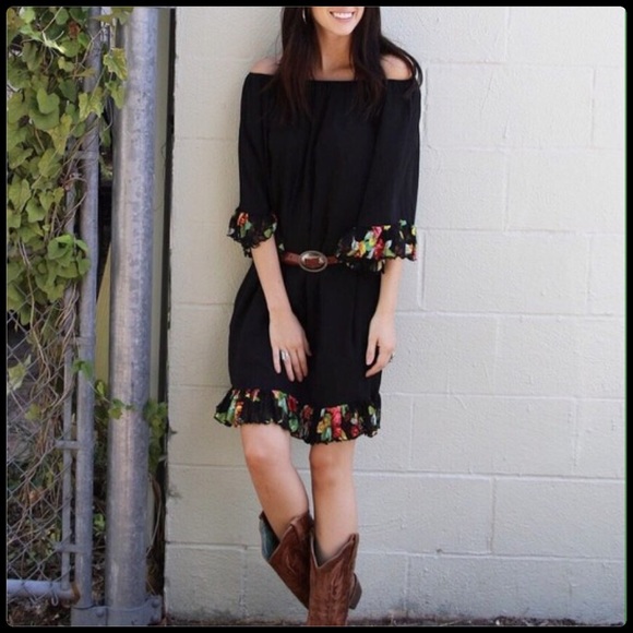 Black Floral Trim Boho Dress - Picture 3 of 3